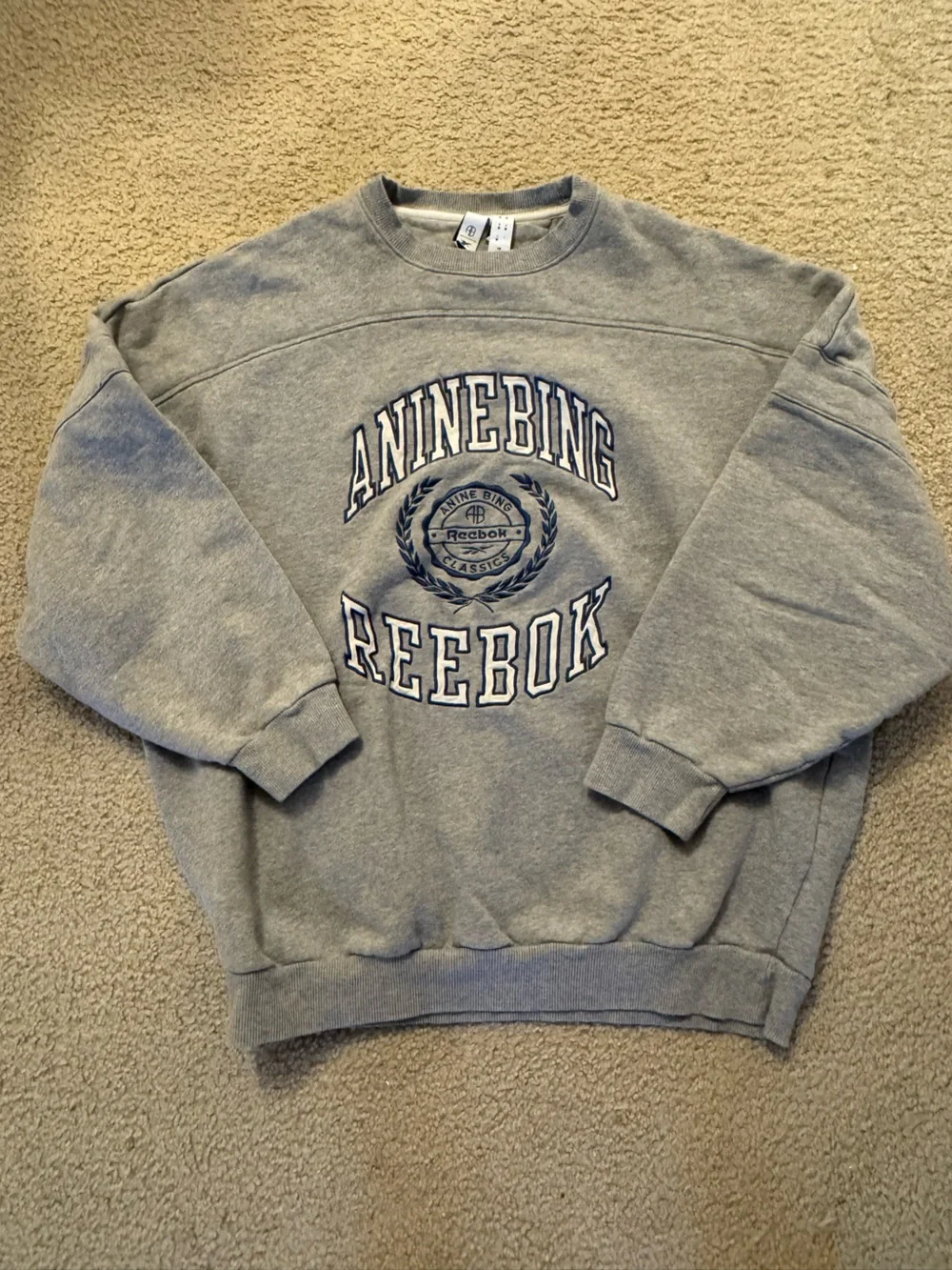 Anine Bing x Reebok Gray Crewneck Sweatshirt with Navy Logo